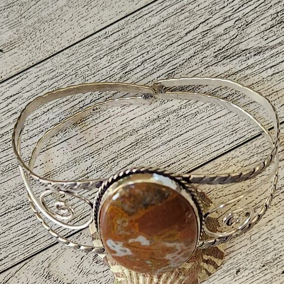 Sunset Blaze Orange Agate Wide Silver Cuff, Vibrant Sterling Silver Bracelet - Picture 9 of 10